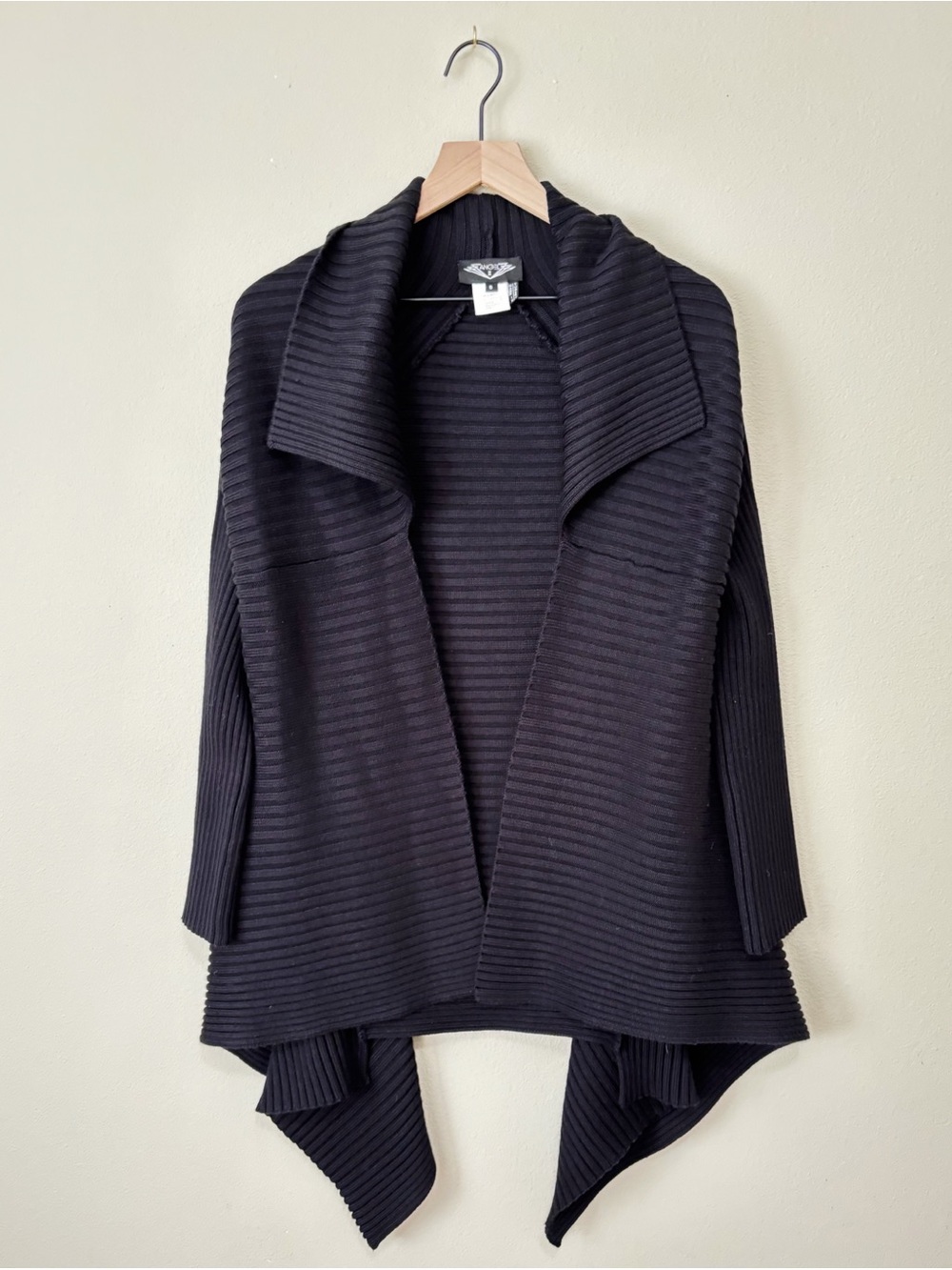 Angel Black Ribbed Open-Front Draped Cardigan - Picture 5 of 8